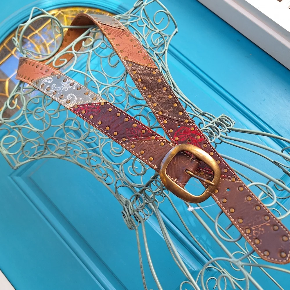 Genuine Leather Belt Metal Studded Embossed Patchwork Bohemian Tooled Womens - Picture 13 of 16